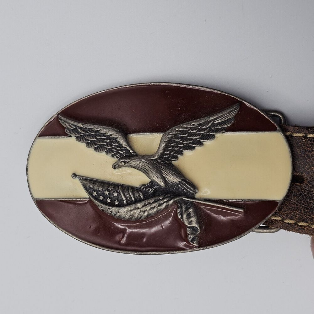 Vintage Brown‎ Leather Belt Men's Majestic Eagle with Flag Buckle Inlay Men's - Picture 6 of 7